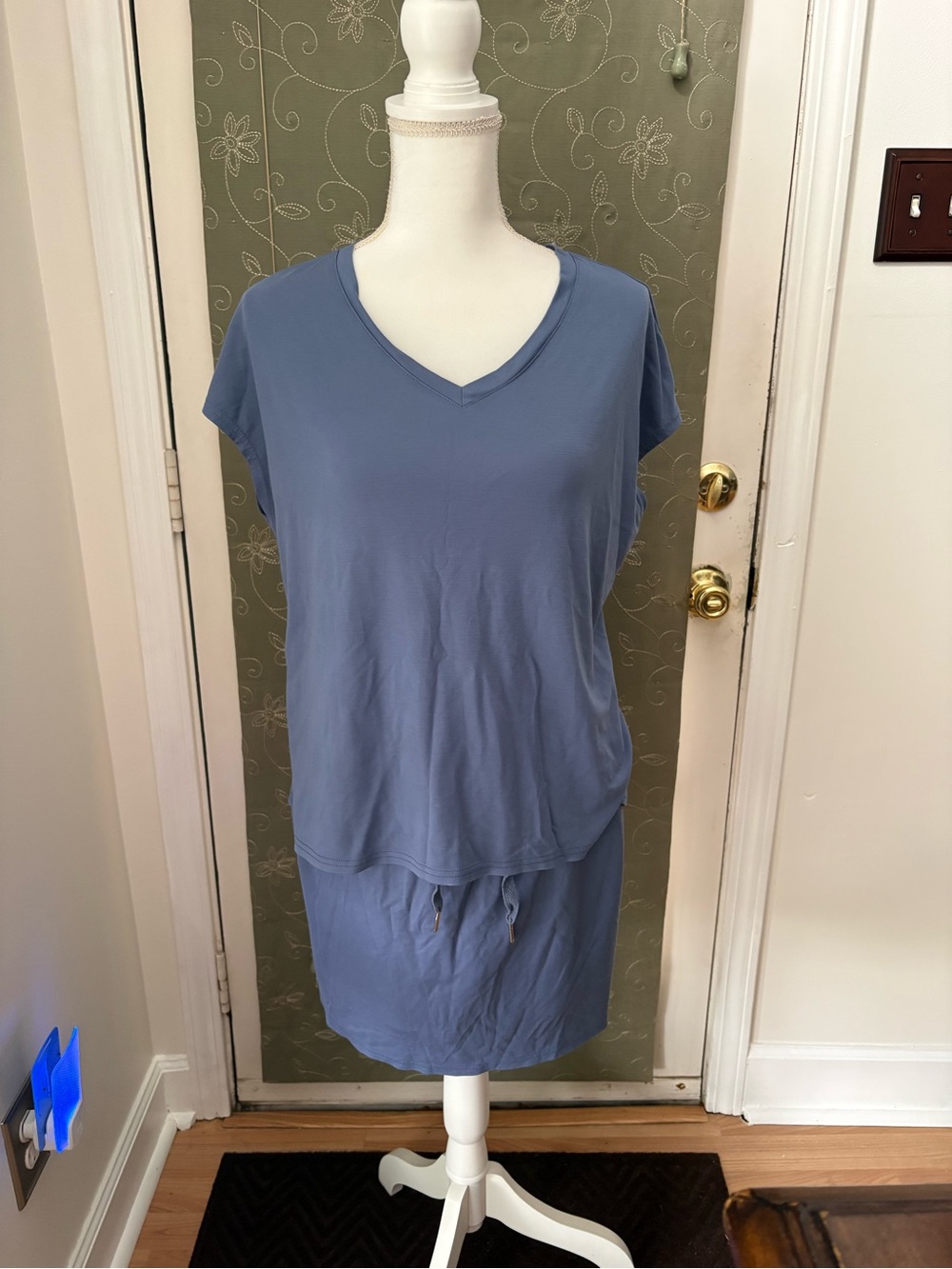 Casual V-Neck Two-Piece Dress Set in Dusty Blue